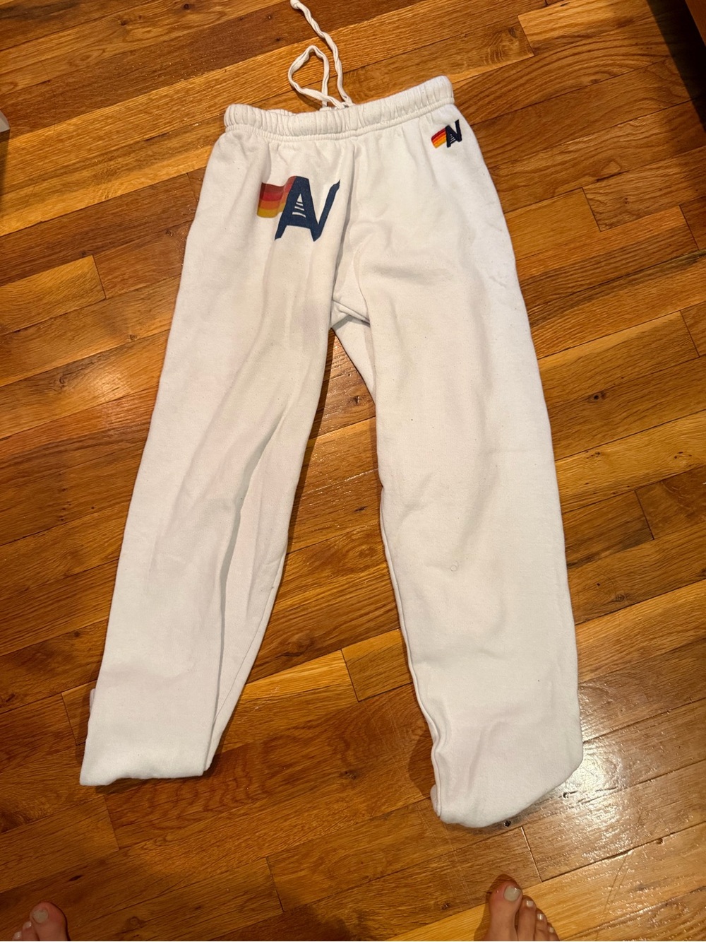 Aviator Nation White Sweatpants with Rainbow 'A N' Logo